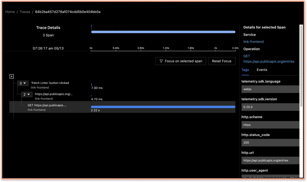 Monitor spans from your frontend React application