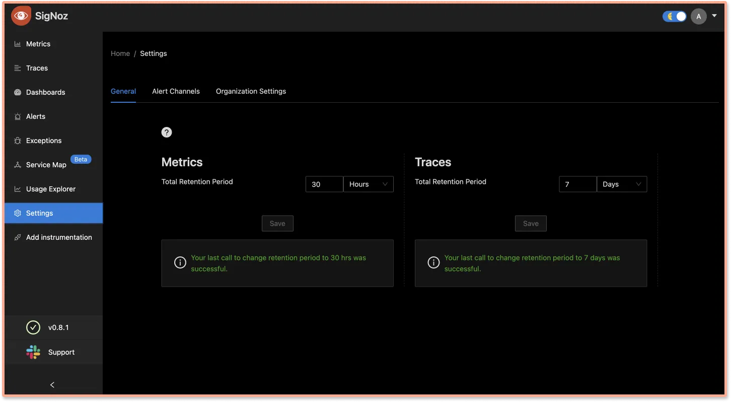 Retention settings on SigNoz dashboard