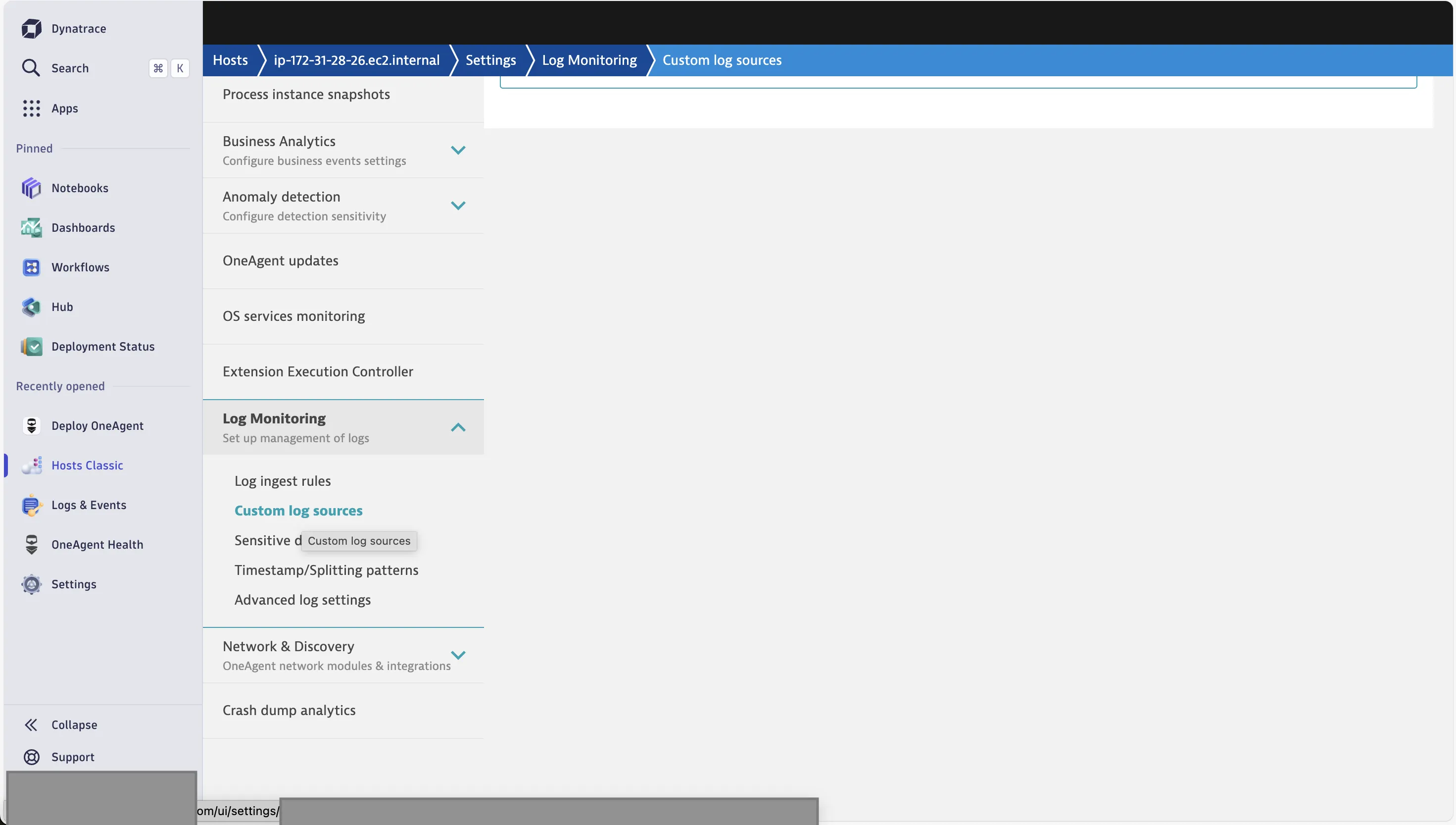 Dynatrace UI for setting custom log sources