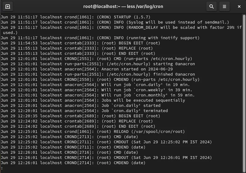 Detailed cronjob log entries - RedHat