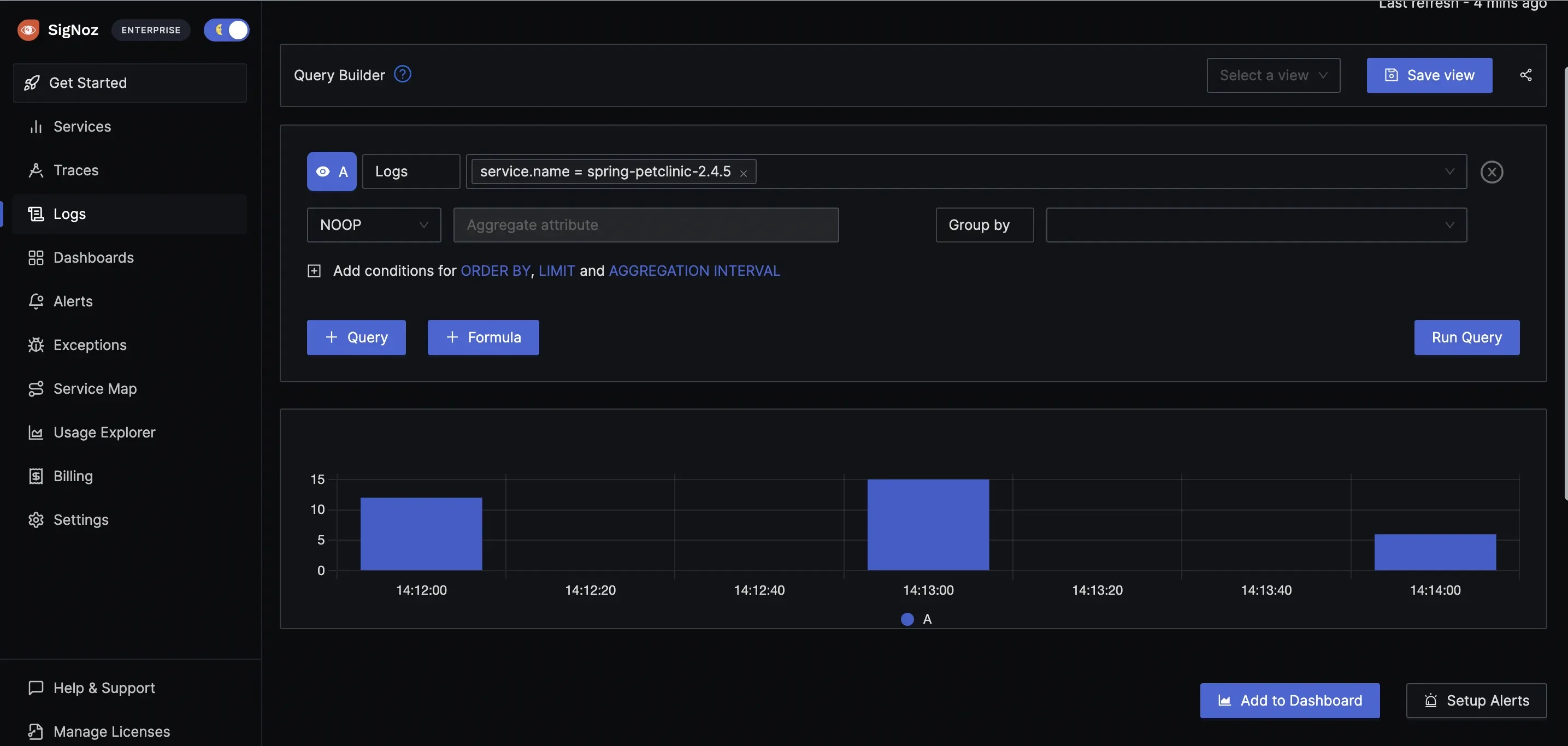 Logs tab in SigNoz, Spring Boot Application