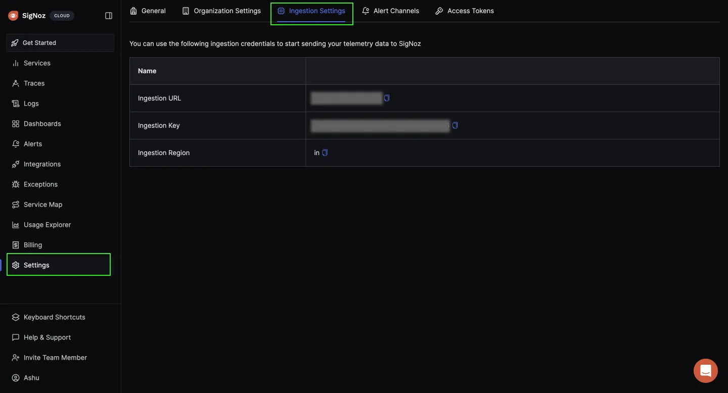 Ingestion details for your SigNoz cloud account